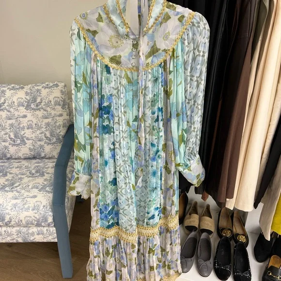 Floral Long Sleeve Dress - Blue and Green - Picture 1 of 5
